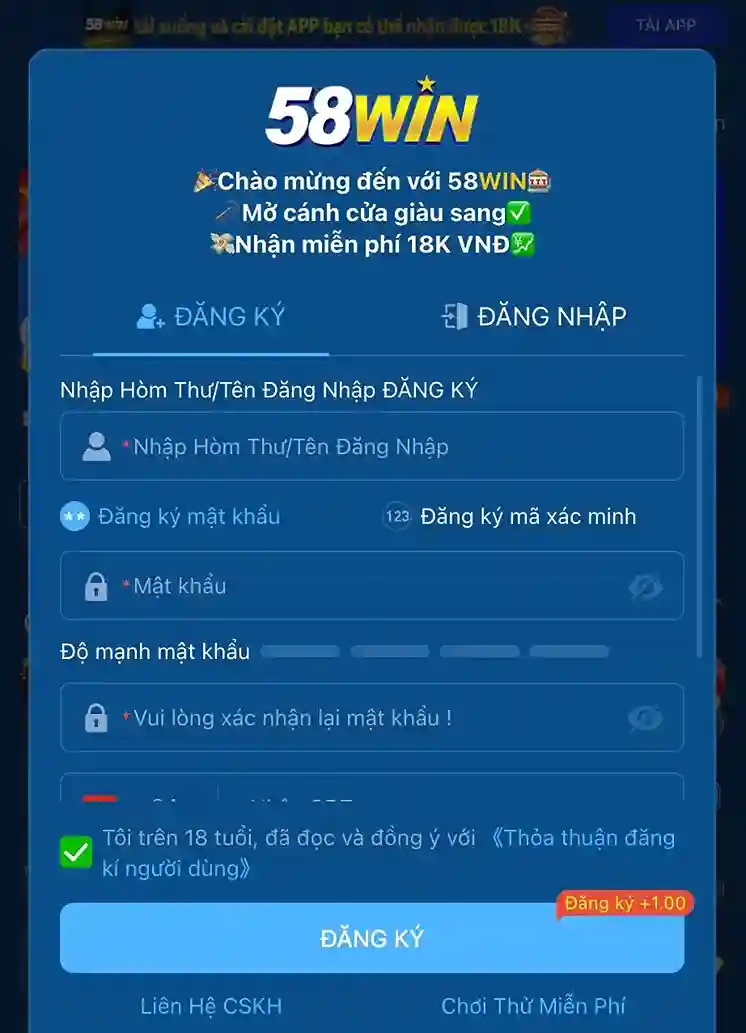 Đăng Ký Tài Khoản 58WIN